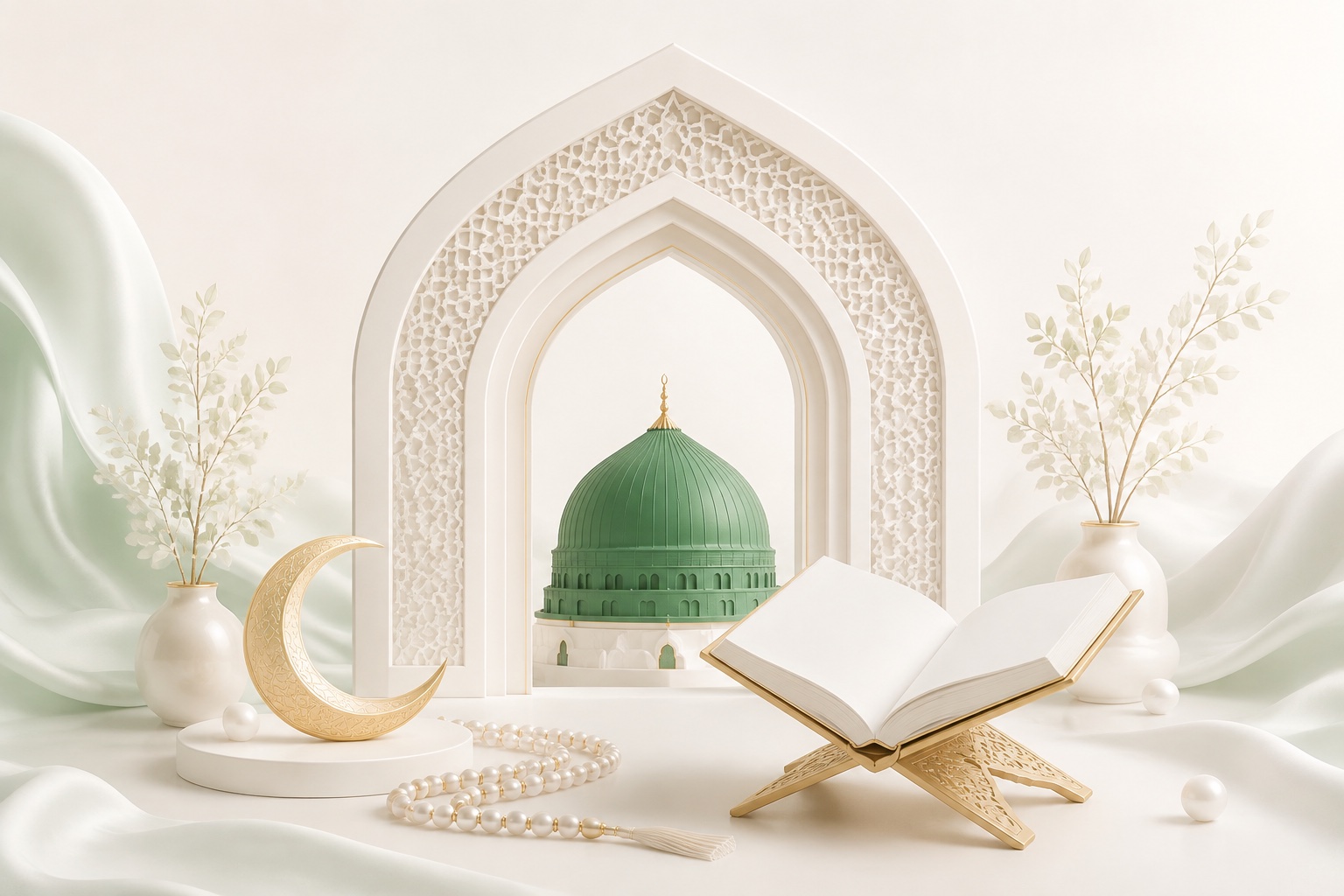 Bright symbolic illustration of a green dome, white arch, open book, and pearl prayer beads